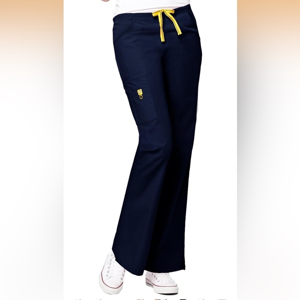 WonderWink Navy Women's Flare Scrub Pants with Yellow Accents Sm Petite